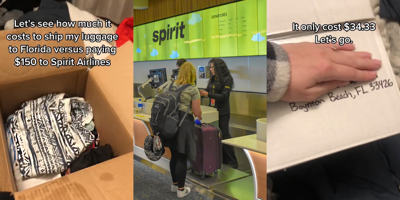 person packing shipping box with luggage with caption 'Let's see how much it costs to ship my luggage to Florida versus paying $150 to Spirit Airlines' (l) woman with luggage at counter at Spirit airlines airport (c) hand on cardboard box heading to Florida with caption 'It only cost $34.33 Let's go.' (r)