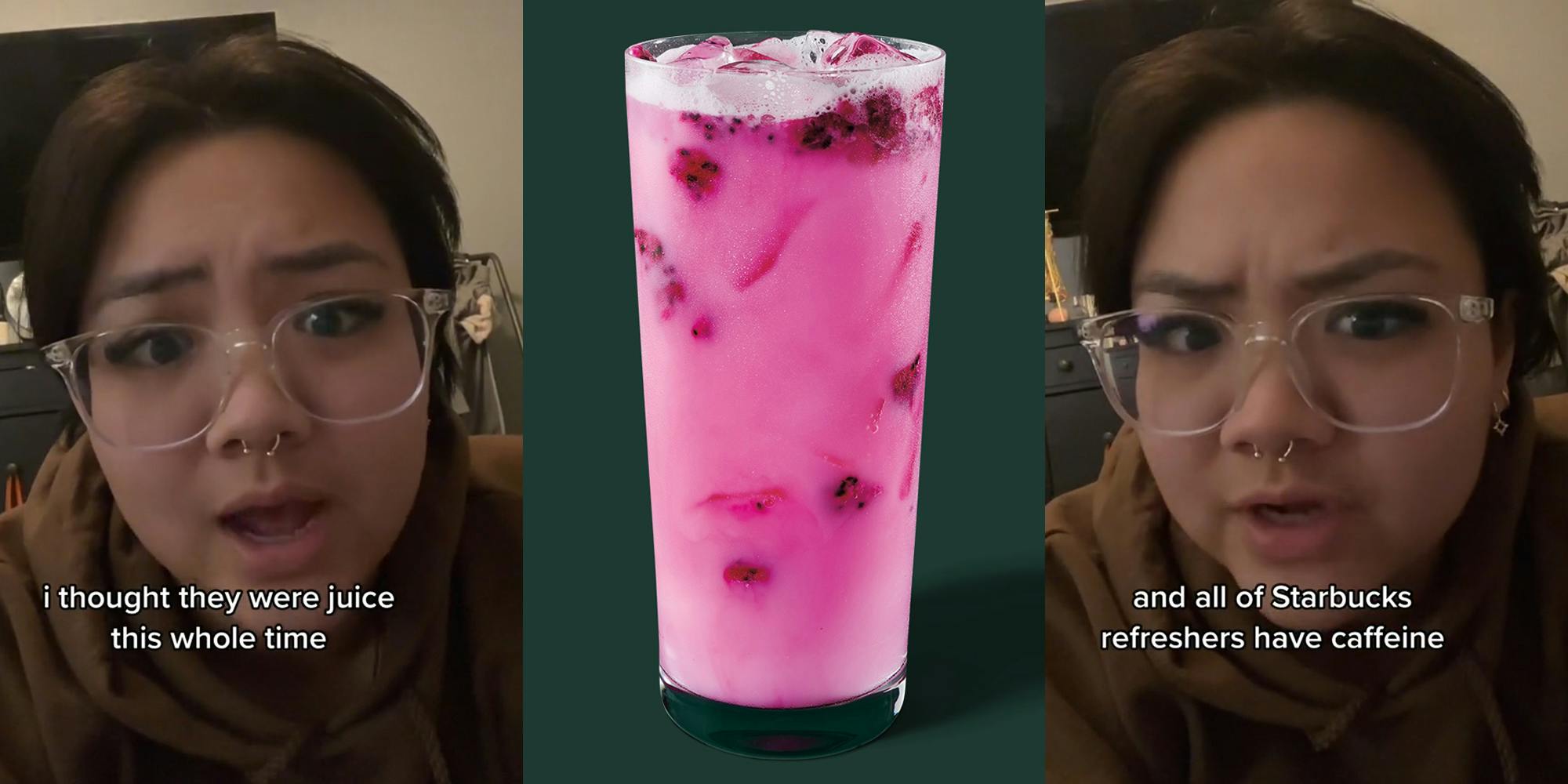 person speaking with caption "i thought they were juice this whole time" (l) Starbucks Dragon Drink Refresher on green background (c) person speaking with caption "and all of Starbucks refreshers have caffeine" (r)