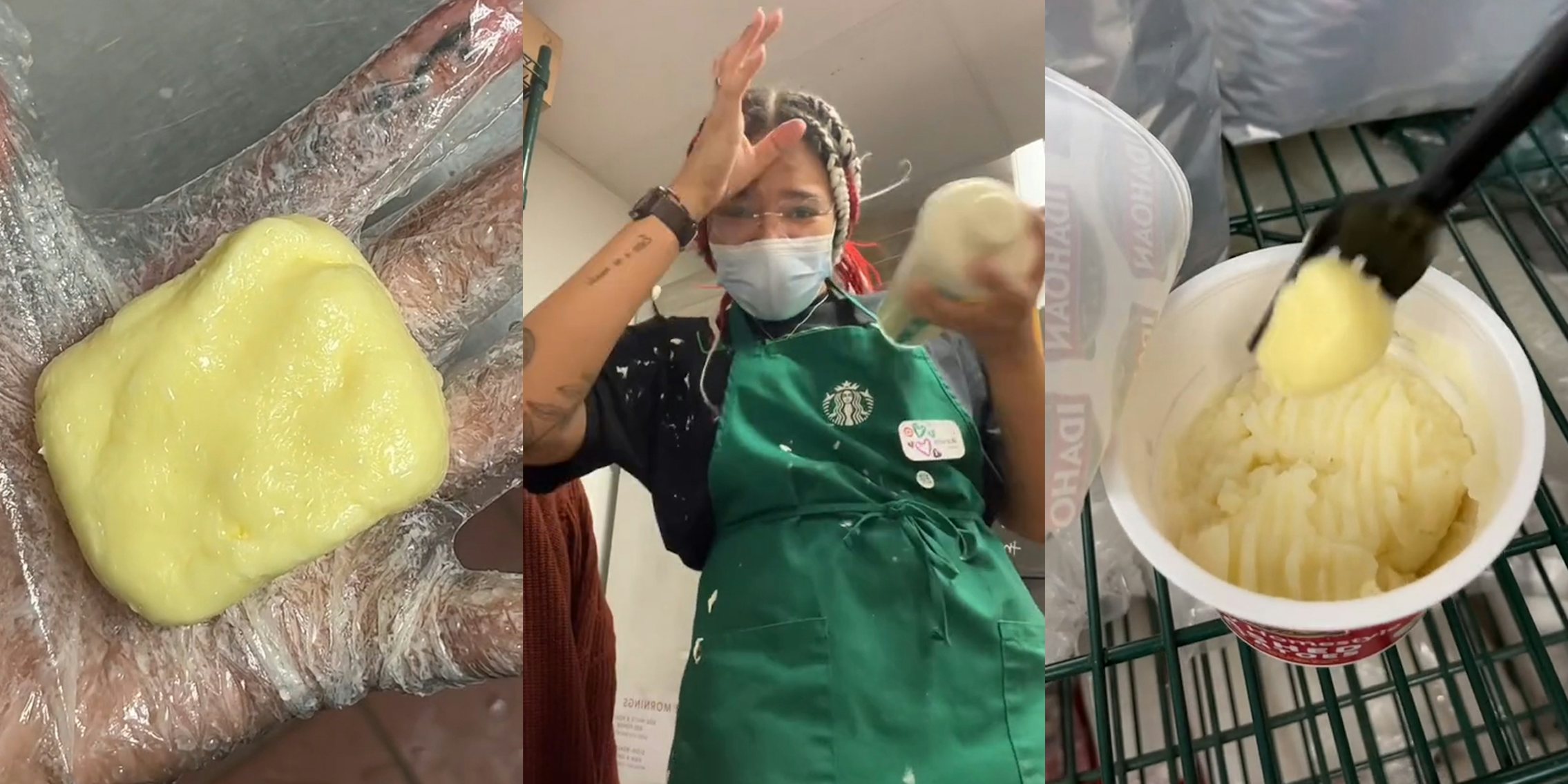 Starbucks worker with gloved hand holding butter (l) Starbucks worker making butter with butter spilled all over her apron (l) fork with butter over potatoes in container (r)