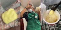 Starbucks worker with gloved hand holding butter (l) Starbucks worker making butter with butter spilled all over her apron (l) fork with butter over potatoes in container (r)