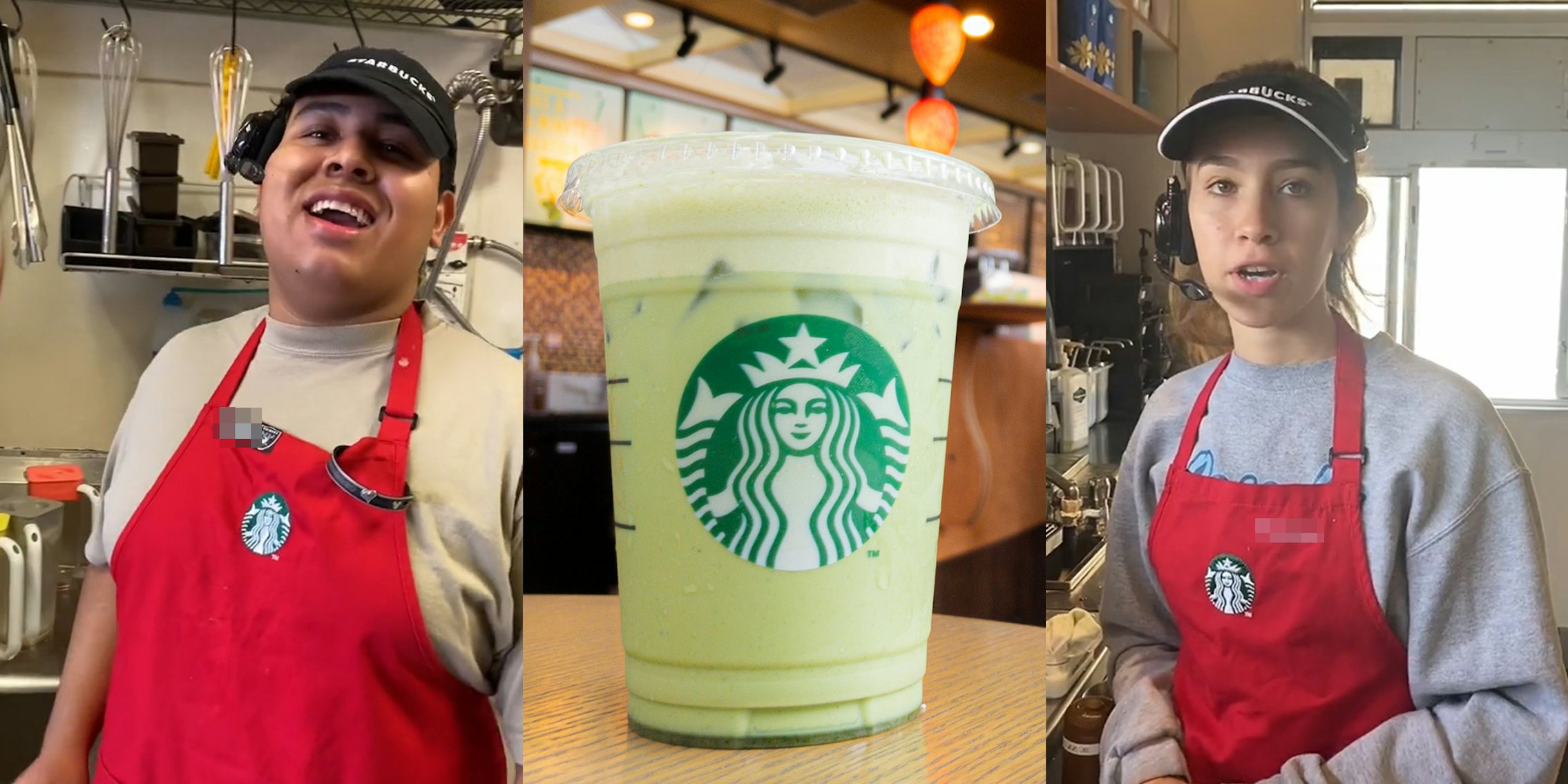 Starbucks barista speaking (l) Starbucks Matcha Iced Green Tea on table (c) Starbucks barista speaking (r)