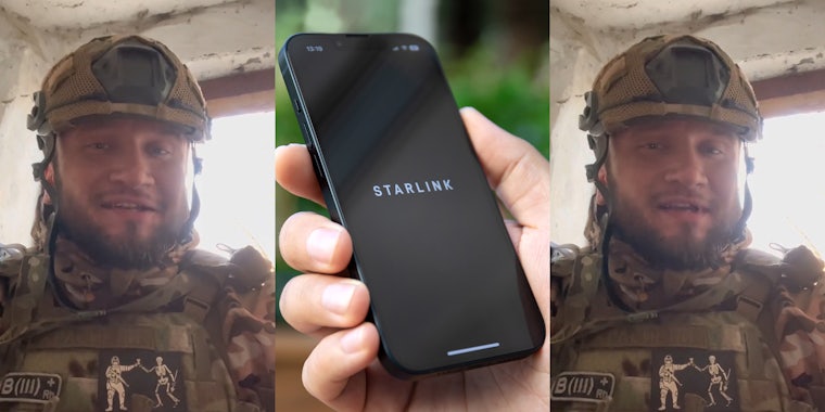 soldier in gear (l) hand holding phone with Starlink on screen (c) soldier in gear (r)