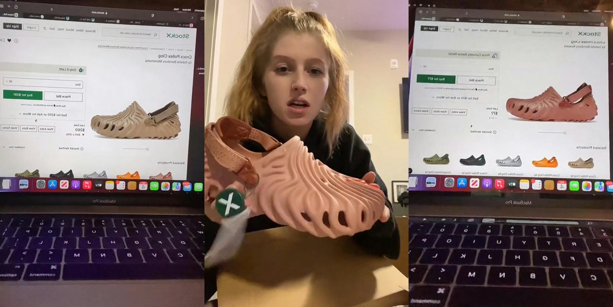 tan colored shoes on Stockx website with price at $260 on laptop screen (l) woman holding different colored shoe (c) pink colored shoes on Stockx website with price at $77 on laptop screen (r)