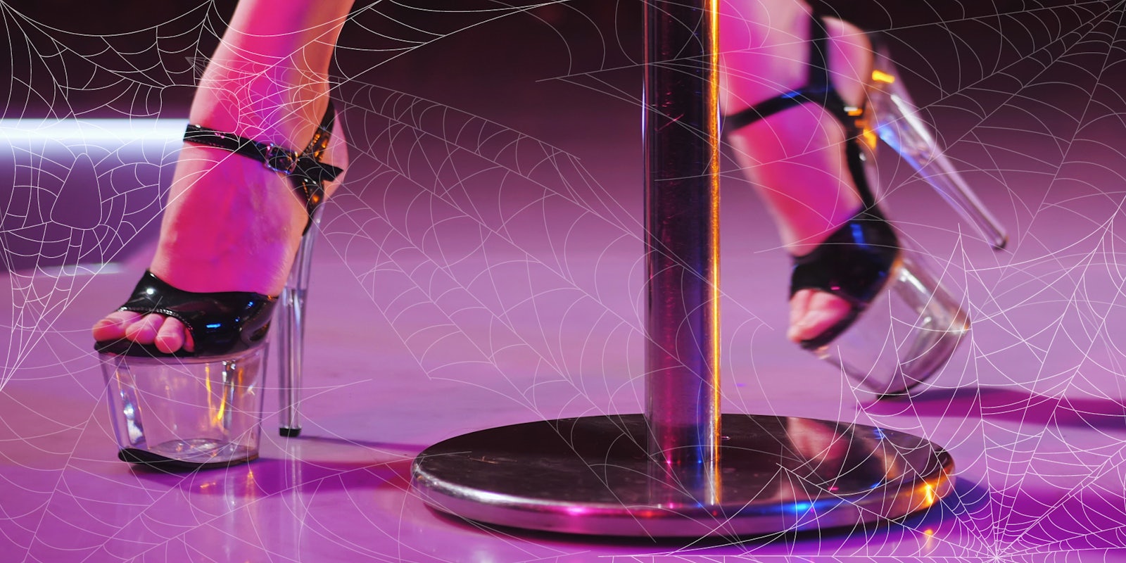 woman dancing at pole with high heels on with spider web overlay