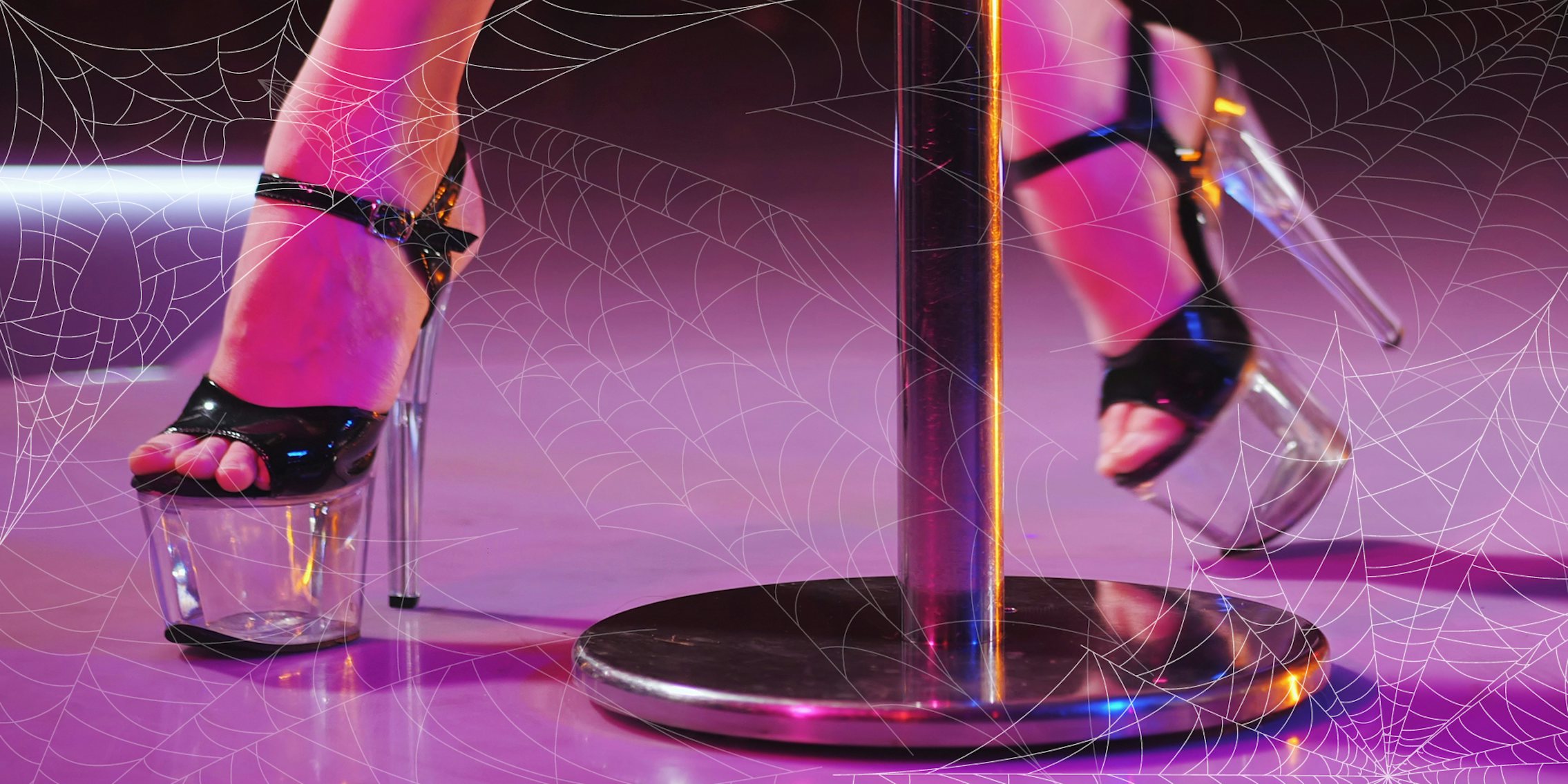 woman dancing at pole with high heels on with spider web overlay