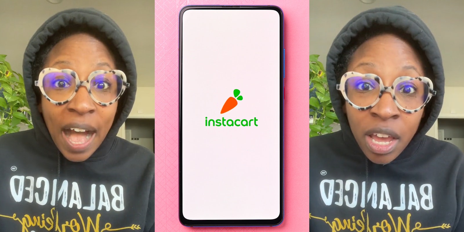 woman speaking in front of plant and tan walls (l) Instacart on phone on pink background (c) woman speaking in front of plant and tan walls (r)