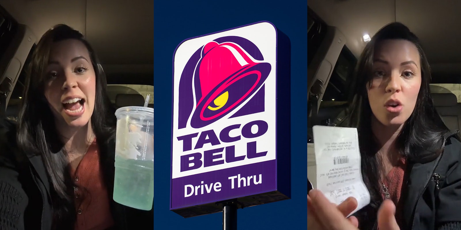Taco Bell customer speaking in car (l) Taco Bell drive thru sign in front of blue sky (c) Taco Bell customer speaking in car holding receipt (r)