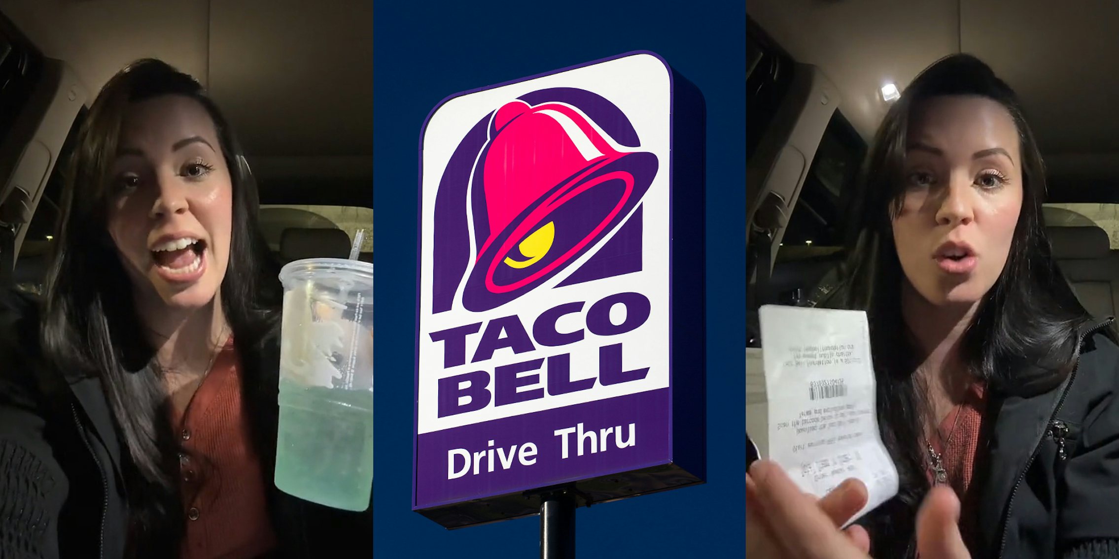 Taco Bell customer speaking in car (l) Taco Bell drive thru sign in front of blue sky (c) Taco Bell customer speaking in car holding receipt (r)