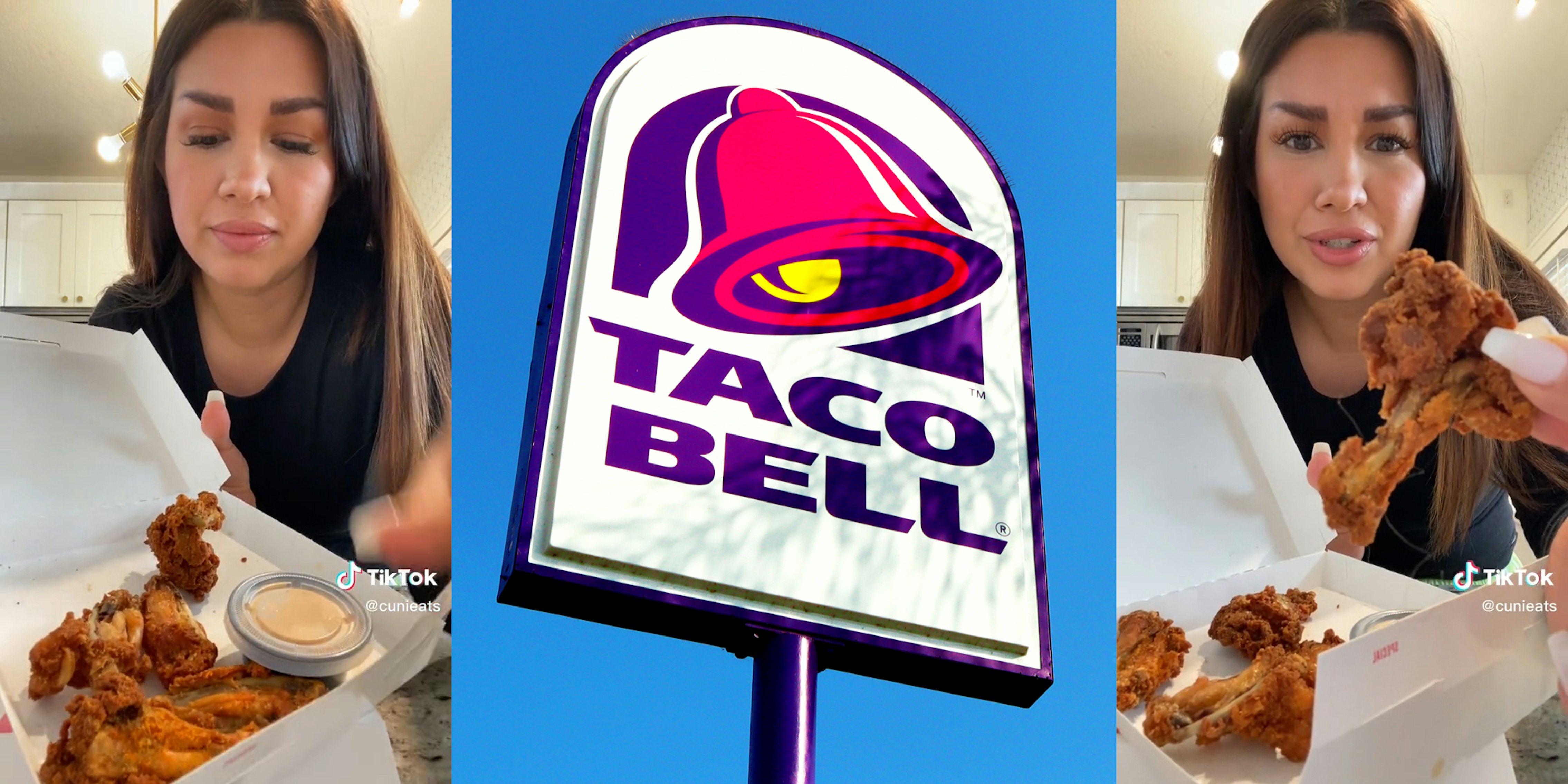 Two screenshots of a woman showing chicken wings. In the middle is a Taco Bell sign.