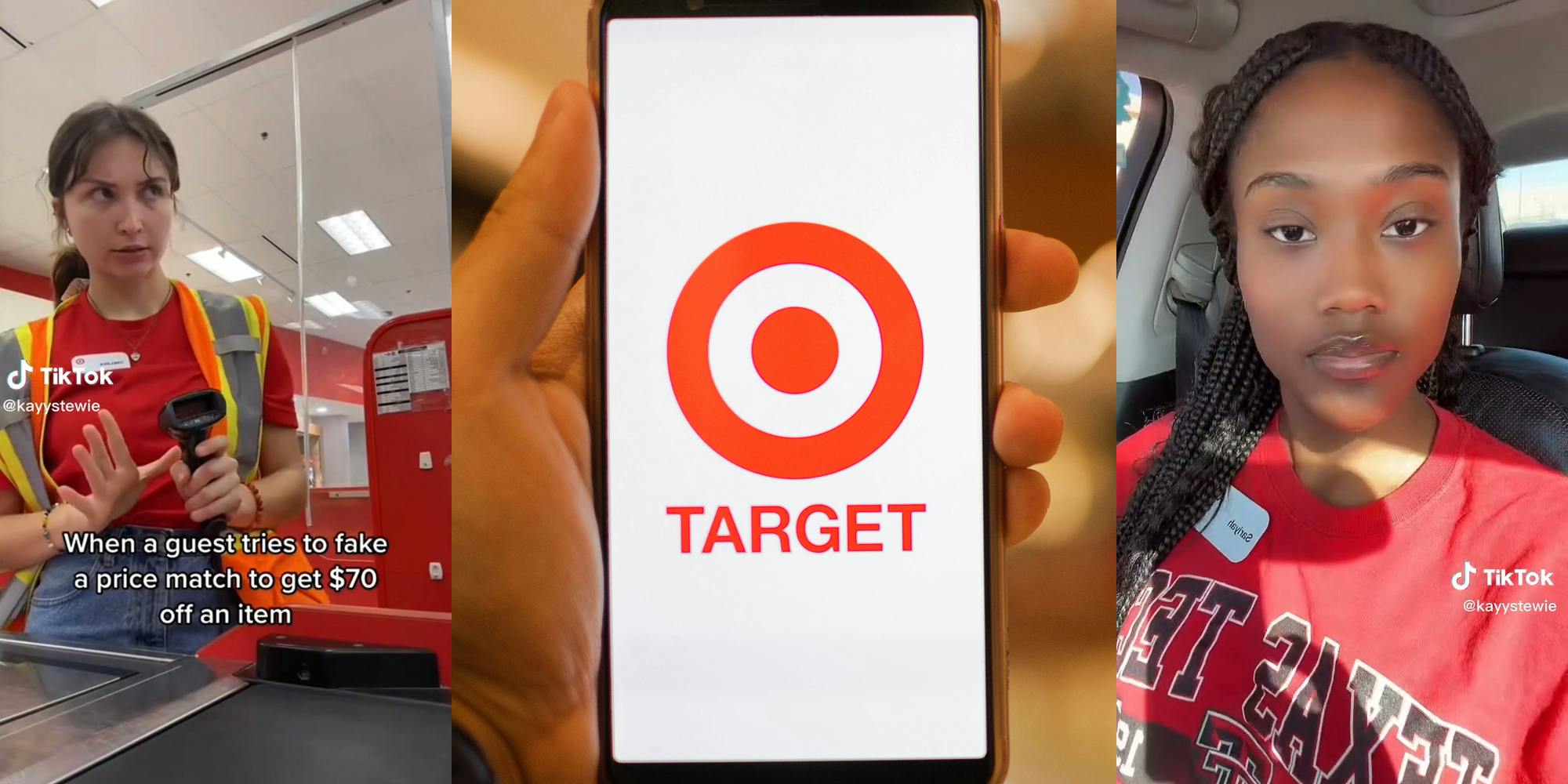 Target employee with caption "When a guest tries to fake a price match to get $70 off an item" (l) hand holding Target logo on phone (c) young woman in car (r)