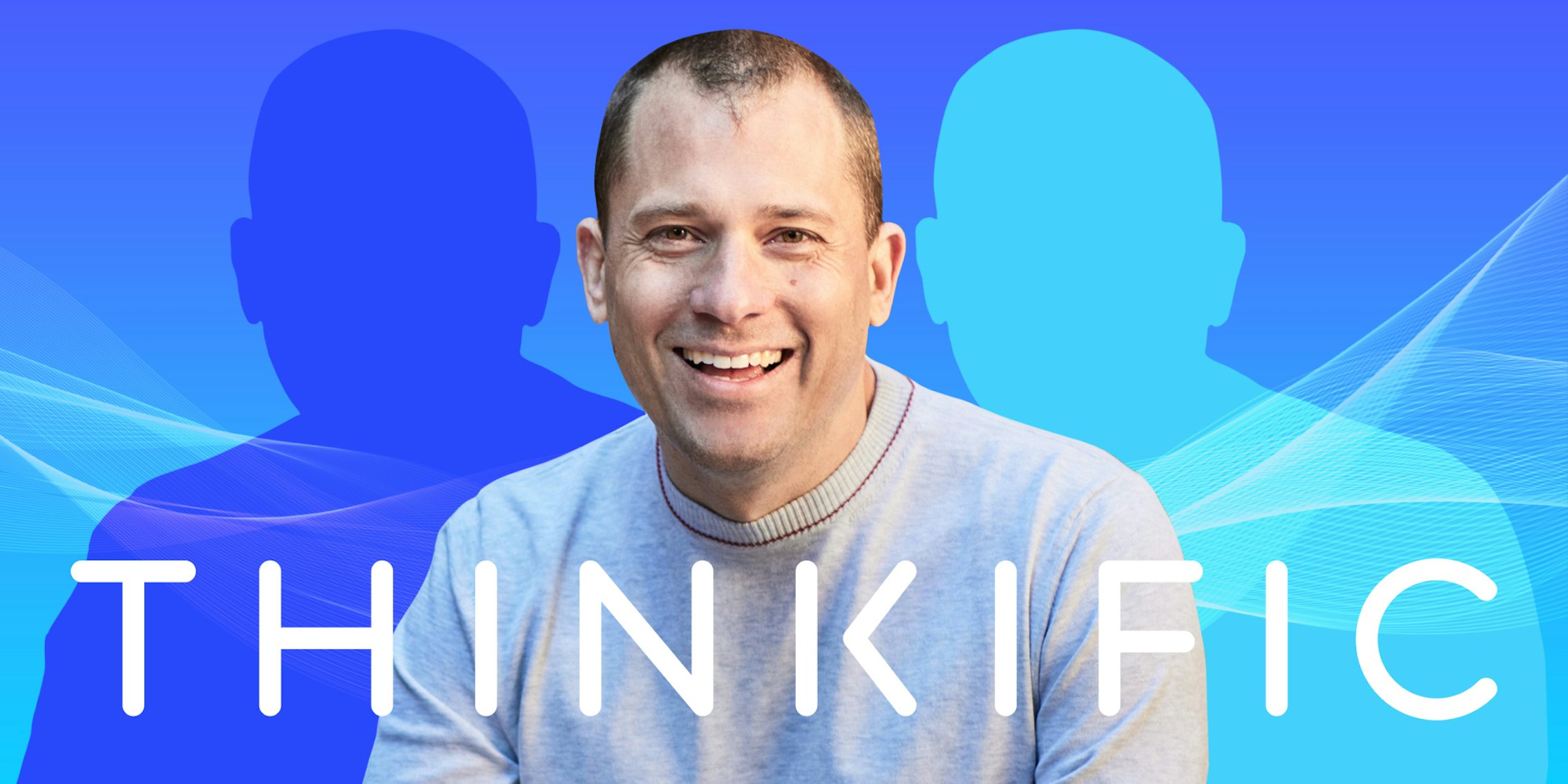 smiling man in front of ark to light blue vertical gradient background with Thinkific logo on bottom Passionfruit Remix