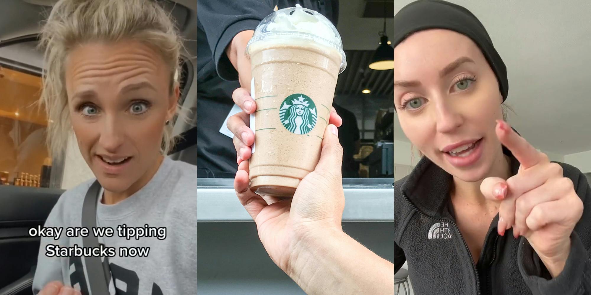woman speaking in car with caption "okay are we tipping Starbucks now" (l) Starbucks drive thru window employee handing customer drink in cup (c) woman speaking pointing finger in front of white walls (r)