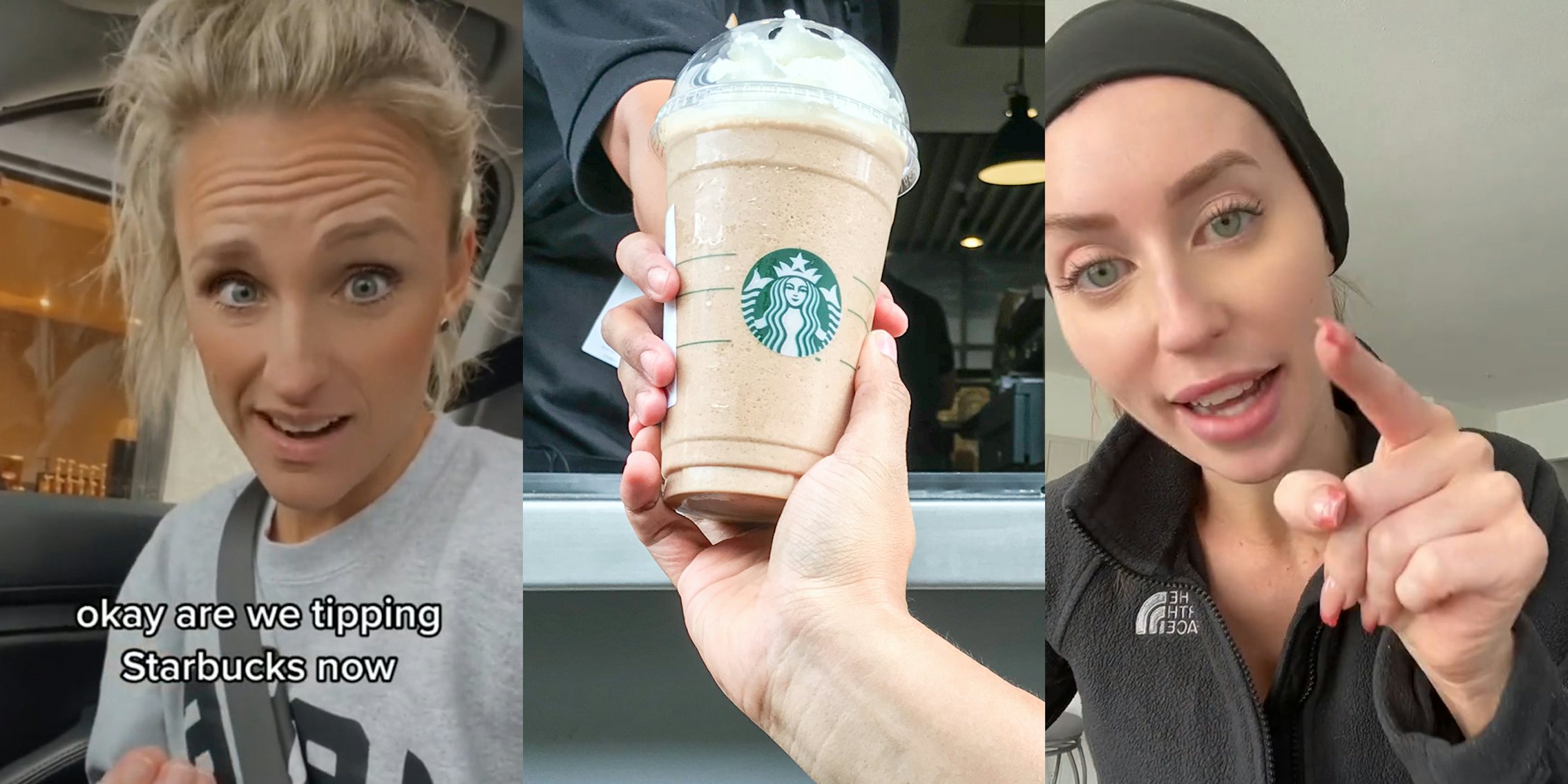 woman speaking in car with caption 'okay are we tipping Starbucks now' (l) Starbucks drive thru window employee handing customer drink in cup (c) woman speaking pointing finger in front of white walls (r)