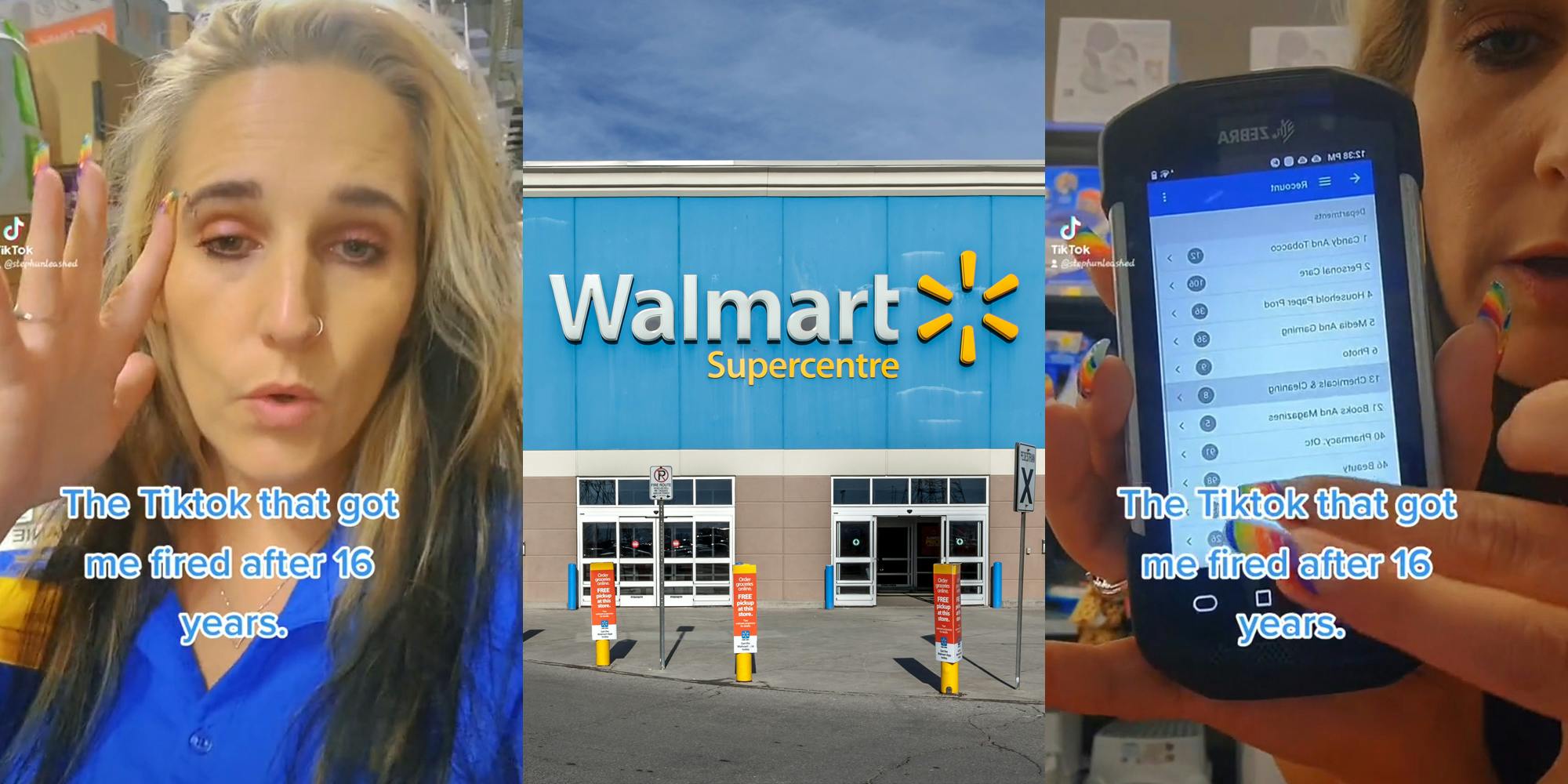 Walmart employee speaking with hand up and caption "The TikTok that got me fired after 16 years." (l) Walmart sign on building with parking lot (c) Walmart employee speaking with hand on Zebra scanner and caption "The TikTok that got me fired after 16 years." (r)