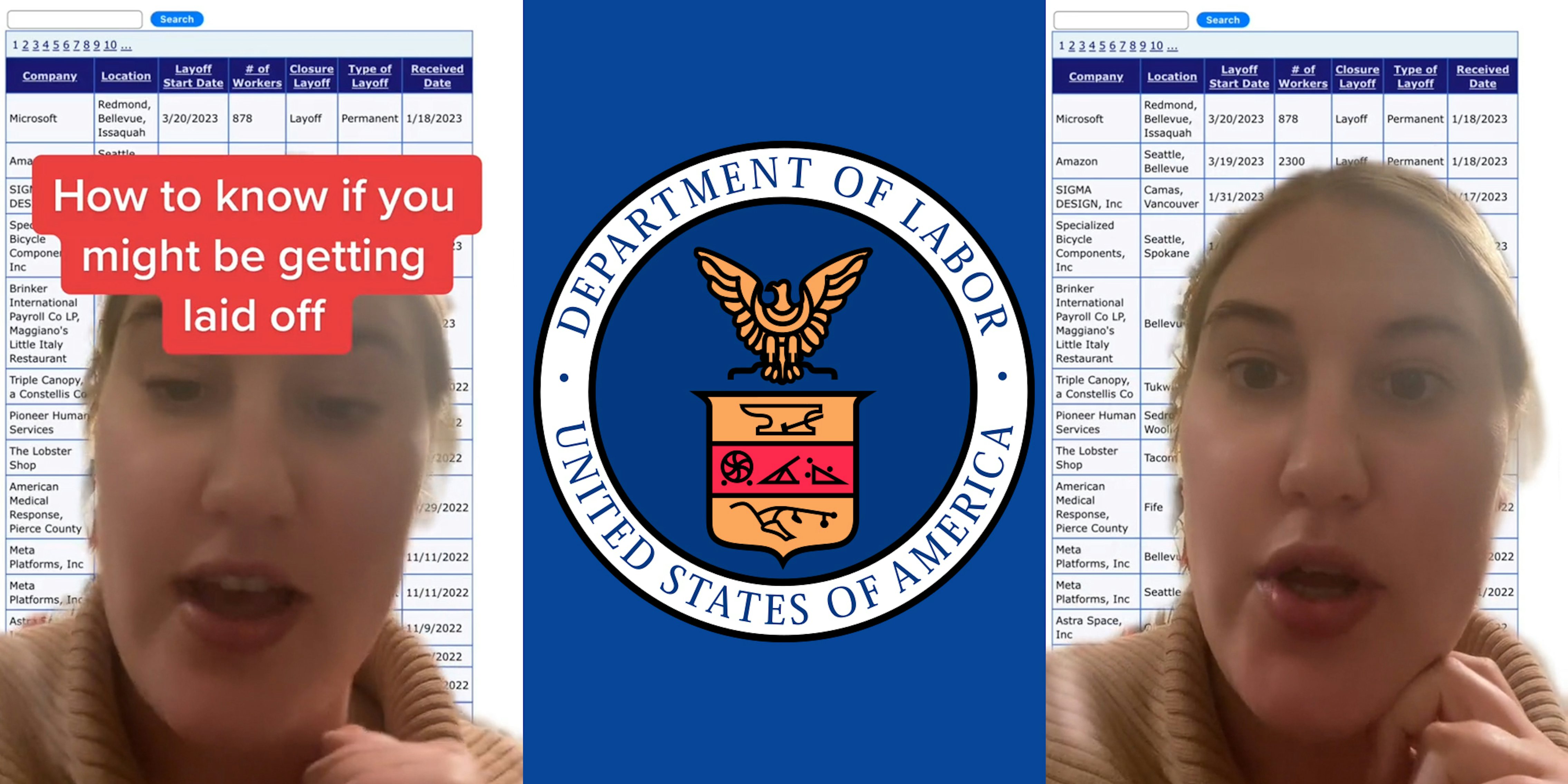 woman greenscreen TikTok over lay off list with caption 'How to know if you might be getting laid off' (l) US Department Of Labor logo over blue background (c) woman greenscreen TikTok over lay off list (r)