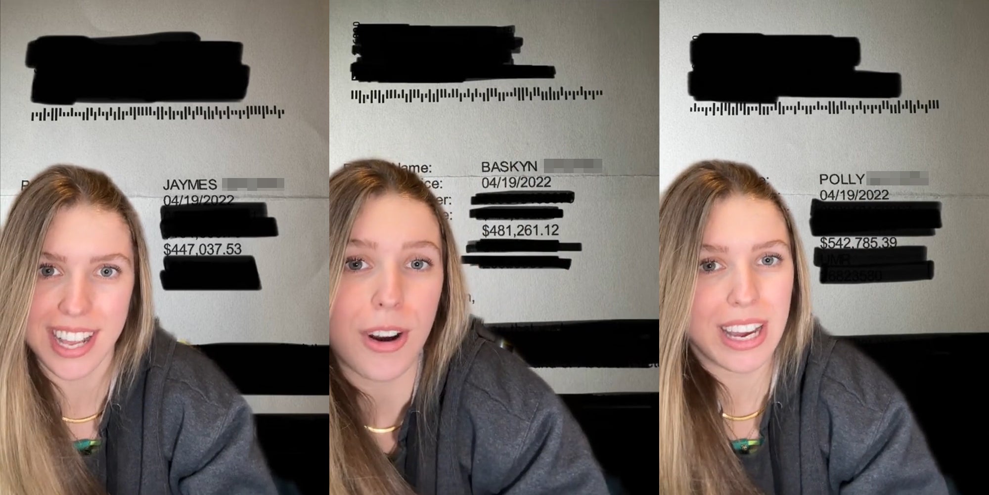 woman greenscreen TikTok over hospital bill at $447,037.53 (l) woman greenscreen TikTok over hospital bill at $481,261.12 (c) woman greenscreen TikTok over hospital bill at $542,785.39 (r)