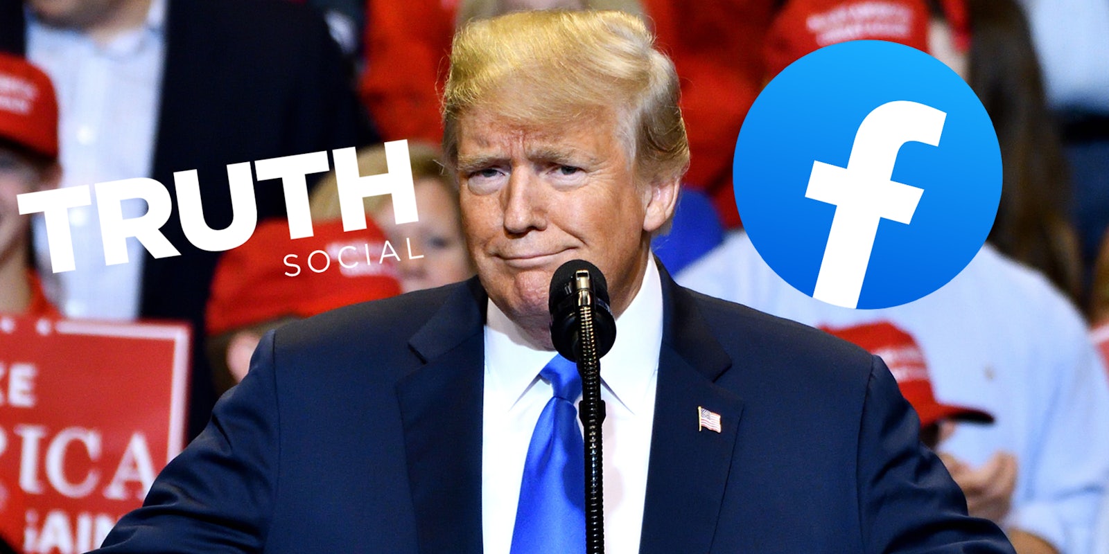Donald Trump with Truth Social and Facebook logos on each shoulder's side