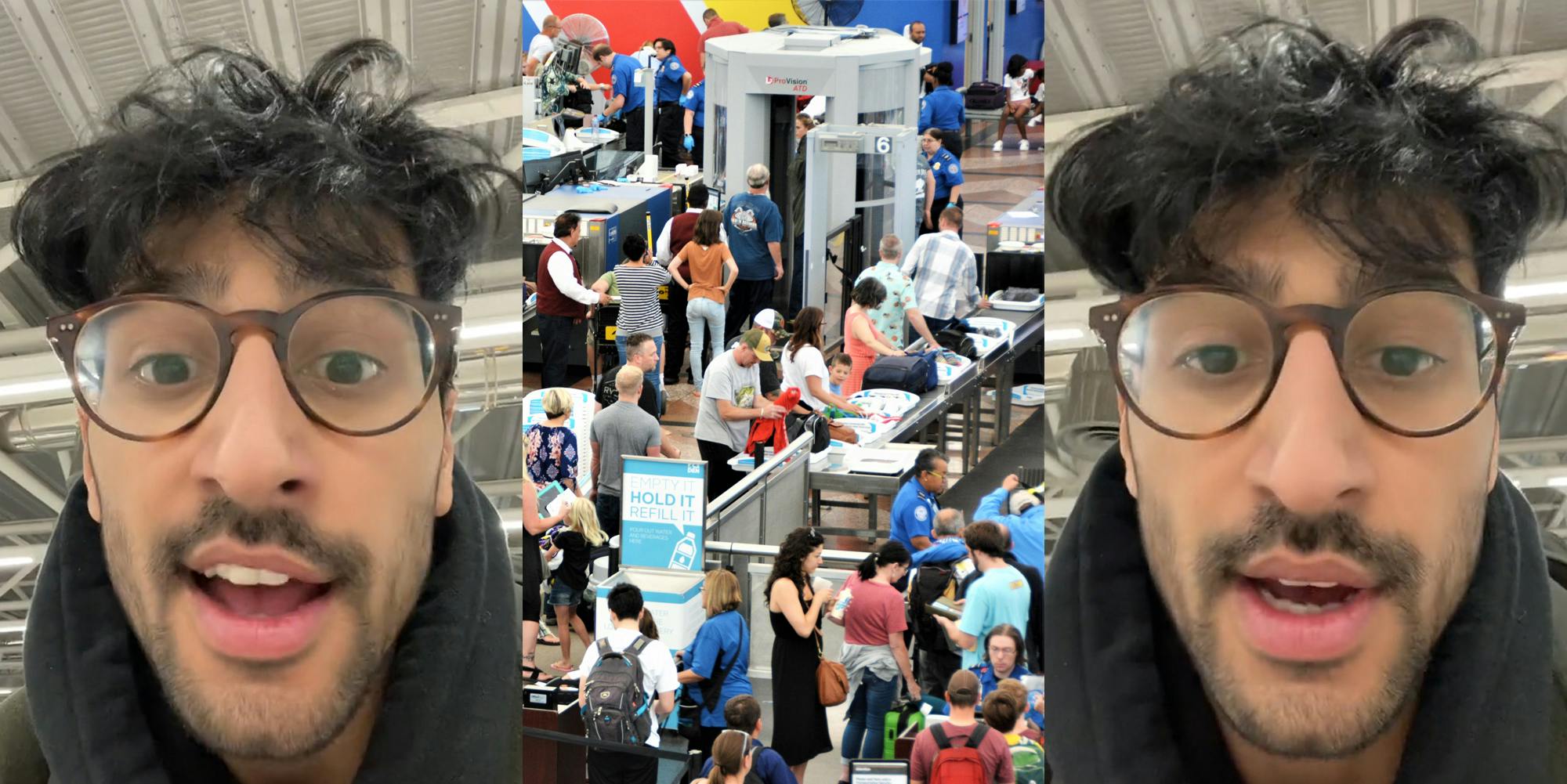 man speaking (l) TSA at airport (c) man speaking (r)