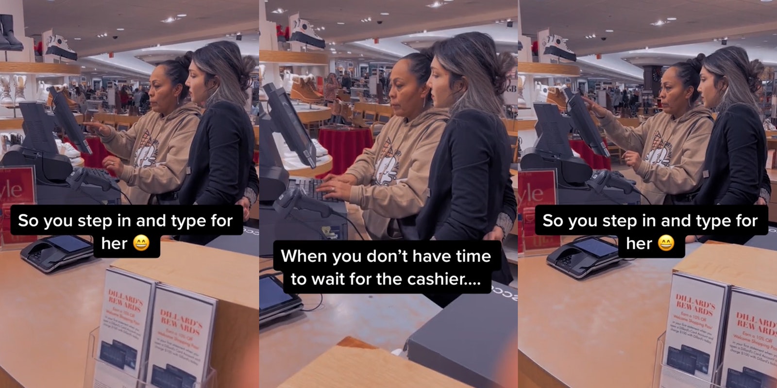 cashier and customer at register speaking as customer types caption 'So you step in and type for her' (l) cashier and customer at register speaking as customer types caption 'When you don't have time to wait for the cashier' (c) cashier and customer at register speaking as customer types caption 'So you step in and type for her' (r)