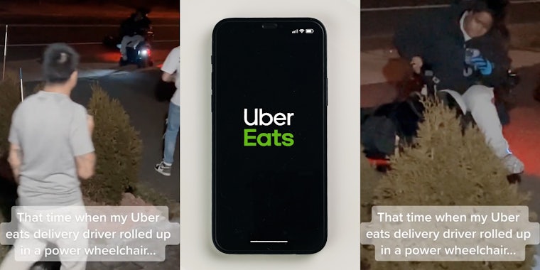 men walking outside up to Uber Eats delivery driver on a power wheelchair with caption 'That time when my Uber eats delivery driver rolled up in a power wheelchair...' (l) Uber Eats on phone on white plate (c) Uber Eats delivery driver on a power wheelchair with caption 'That time when my Uber eats delivery driver rolled up in a power wheelchair...' (r)