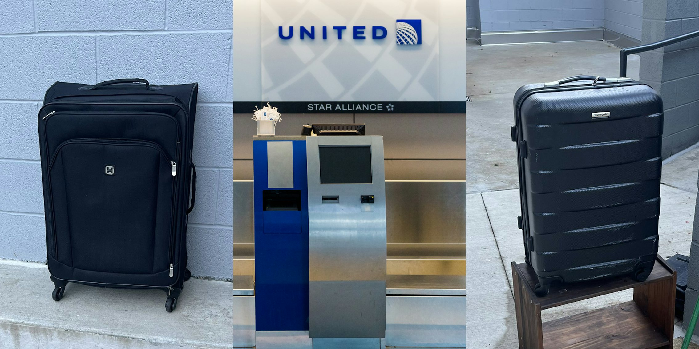 bag of luggage on concrete (l) United Airlines sign above counter (c) bag of luggage on wooden table on concrete (r)