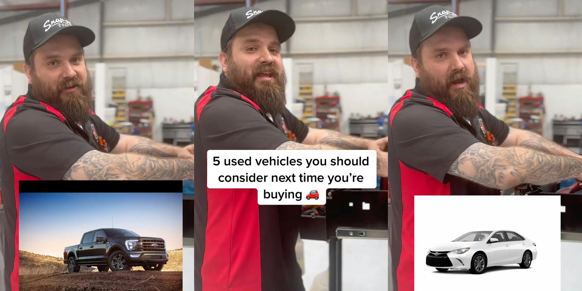 Mechanic speaking in shop with image of F150 (l) Mechanic speaking in shop with caption "5 used vehicles you should consider next time you're buying" (c) Mechanic speaking in shop with image of Toyota Camry (r)