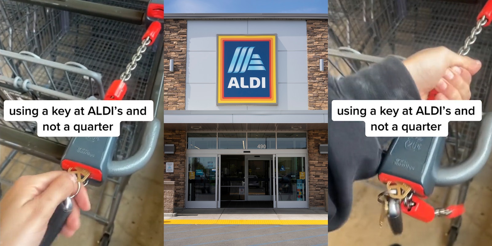 woman trying to pull house key of of ALDI's shopping cart with caption 'using a key at ALDI's and not a quarter' (l) ALDI's building with sign (c) woman trying to pull house key of of ALDI's shopping cart with caption 'using a key at ALDI's and not a quarter' (r)