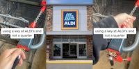 woman trying to pull house key of of ALDI's shopping cart with caption 