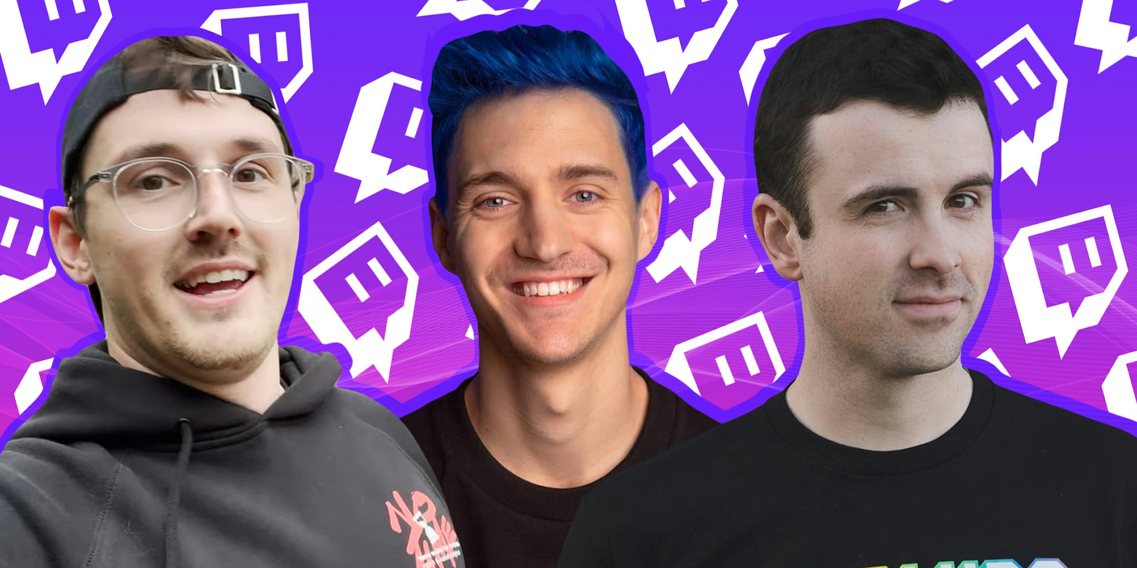 Twitch streamers Benjamin Lupo, Tom Cassell, and Richard Tyler Blevins in front of Twitch logo purple to pink gradient background Passionfruit Remix