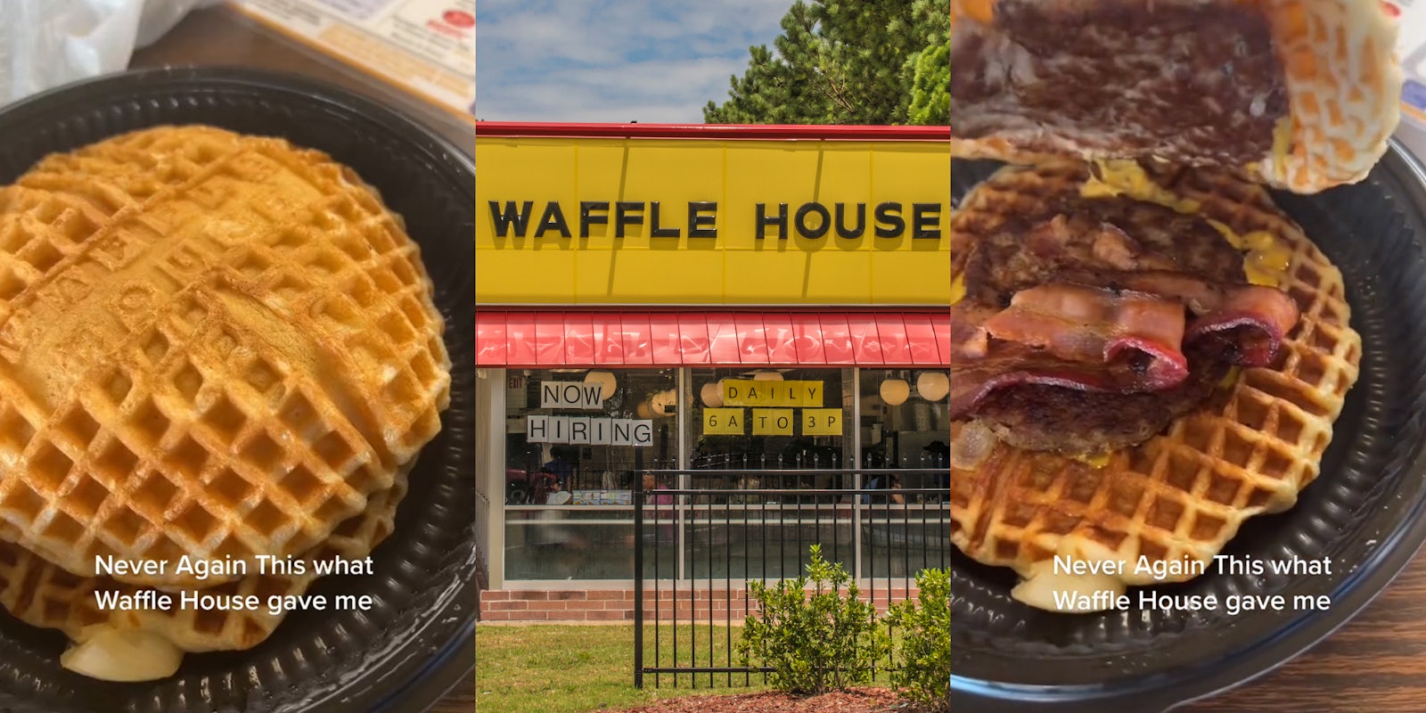 Waffle House sandwich in container with caption 'Never Again This what Waffle House gave me' (l) Waffle House building with sign (c) Waffle House sandwich in container with caption 'Never Again This what Waffle House gave me' (r)