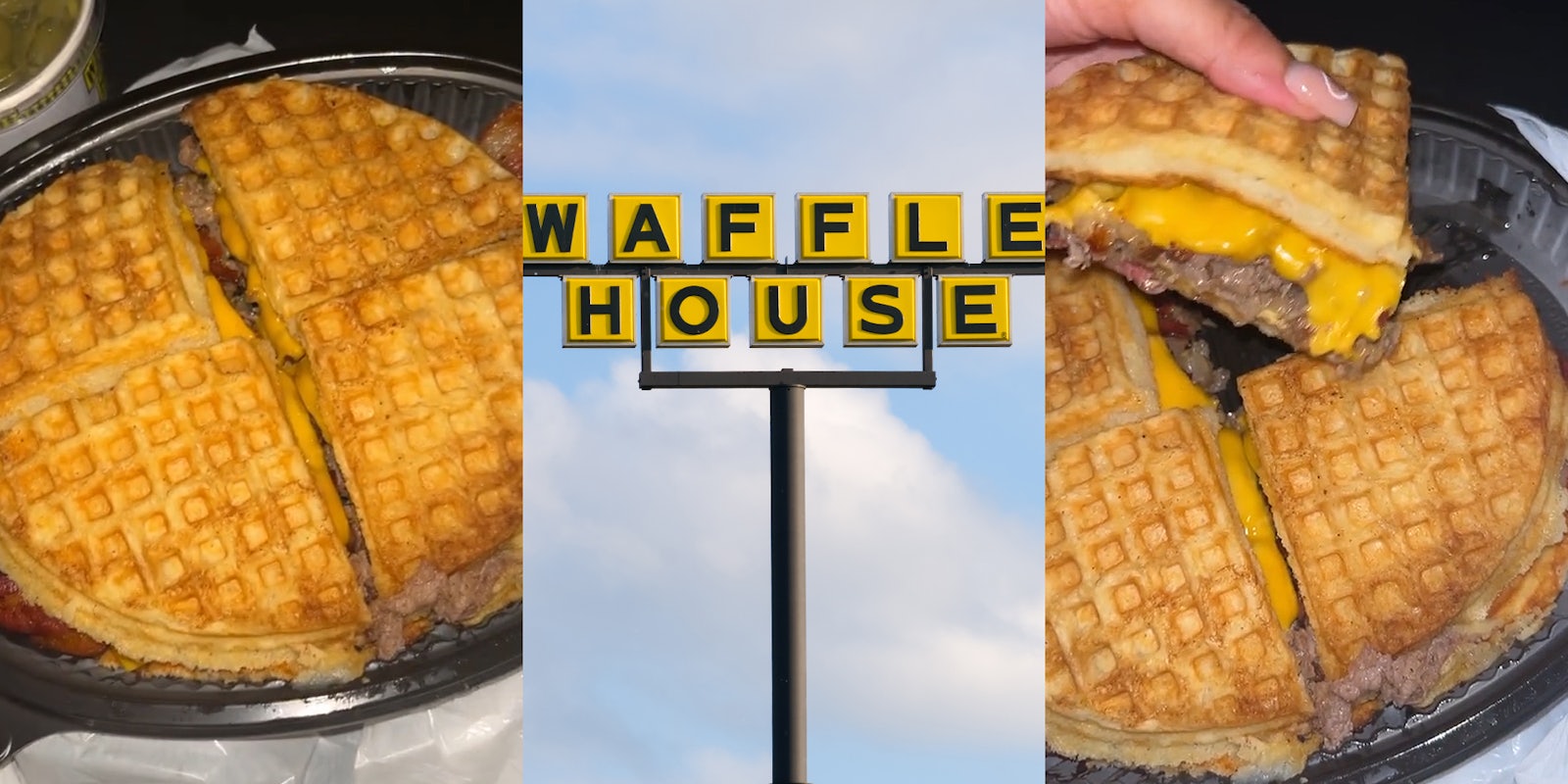 Waffle House waffle burger in black container (l) Waffle House sign in front of blue sky (c) Waffle House waffle burger slice in hand (r)