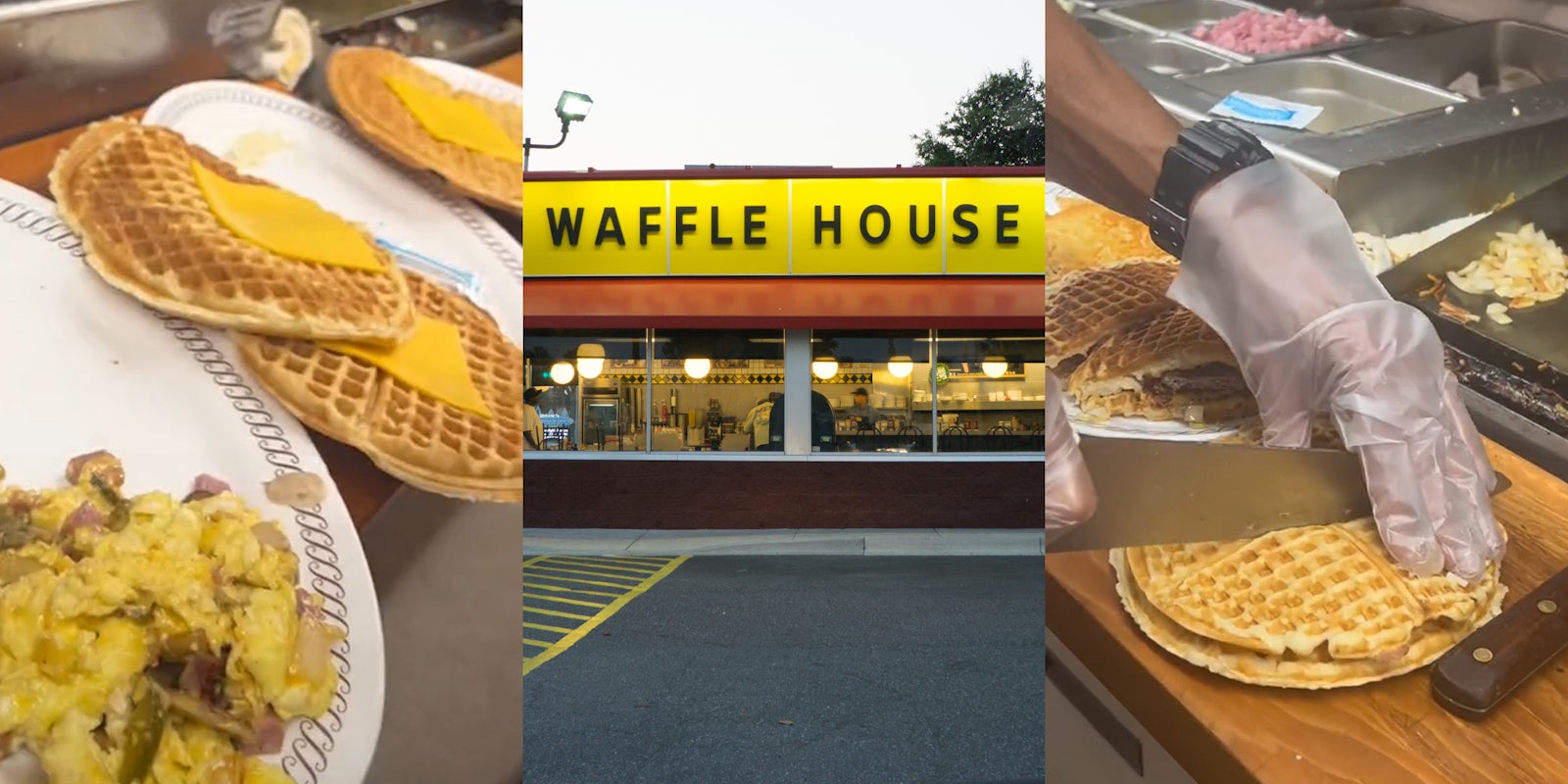 Waffle House waffles with cheese and eggs on plates on counter (l) Waffle House building with sign and parking lot (c) Waffle house employee cutting into waffle sandwich (r)