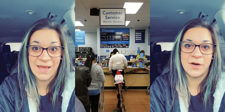 woman speaking in car (l) Walmart Customer Service counter with line of people (c) woman speaking in car (r)