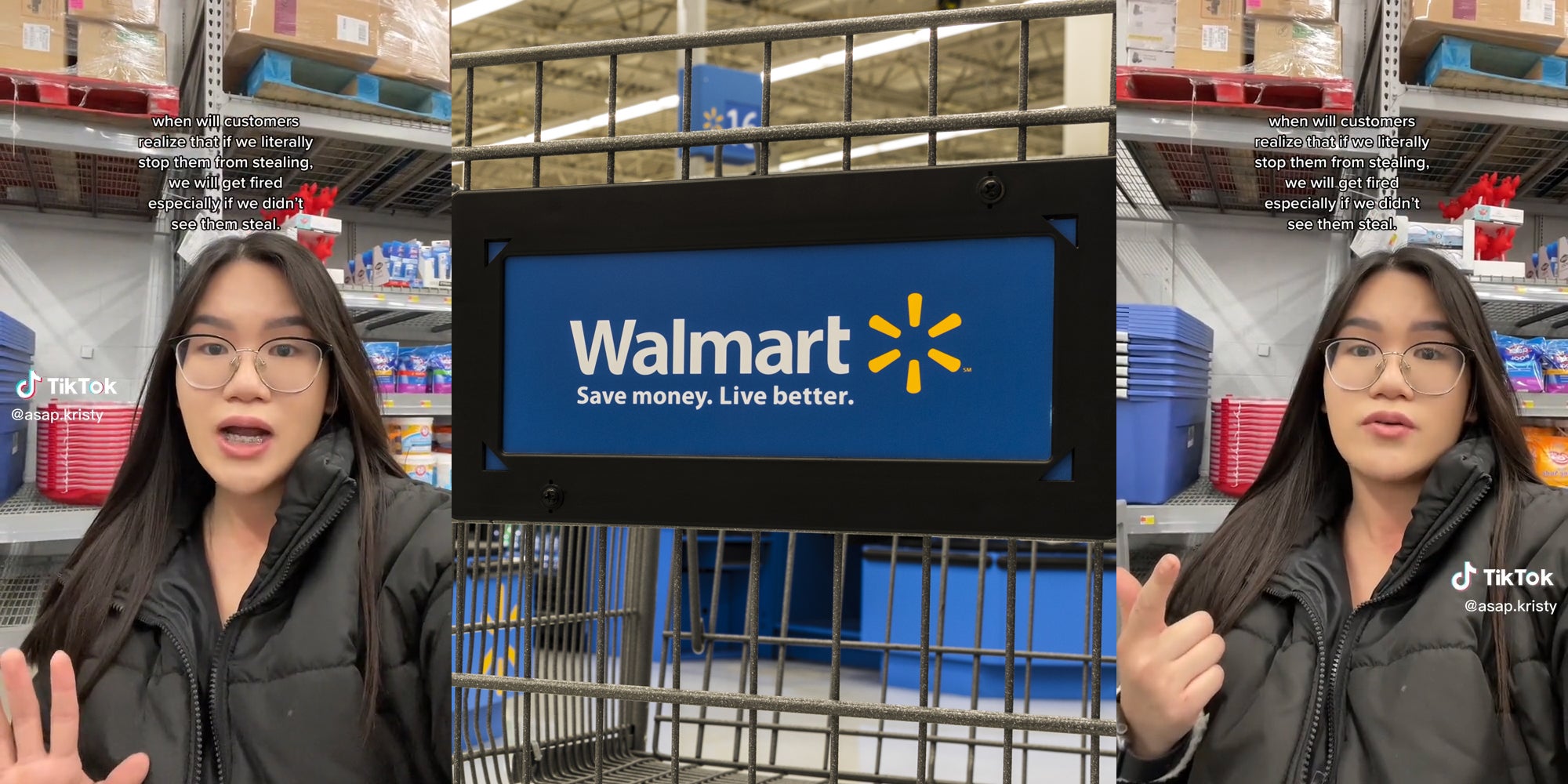 young woman in walmart break room (l&r) walmart sign on cart (c)