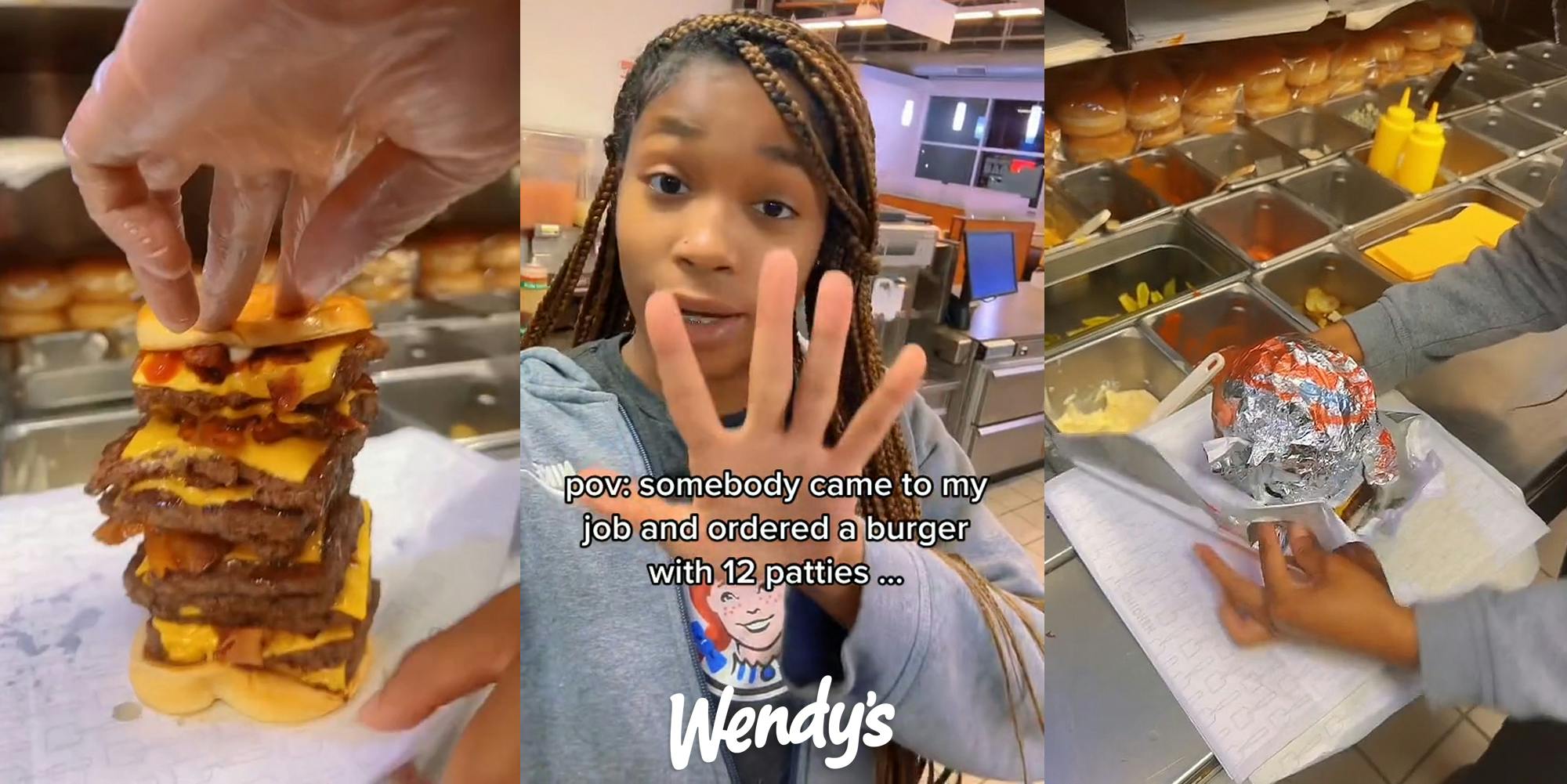 Wendy's employees holding giant burger together (l) Wendy's employee with caption "pov: somebody came to my job and ordered a burger with 12 patties..." with Wendy's logo at bottom (c) Wendy's employee wrapping giant burger (r)