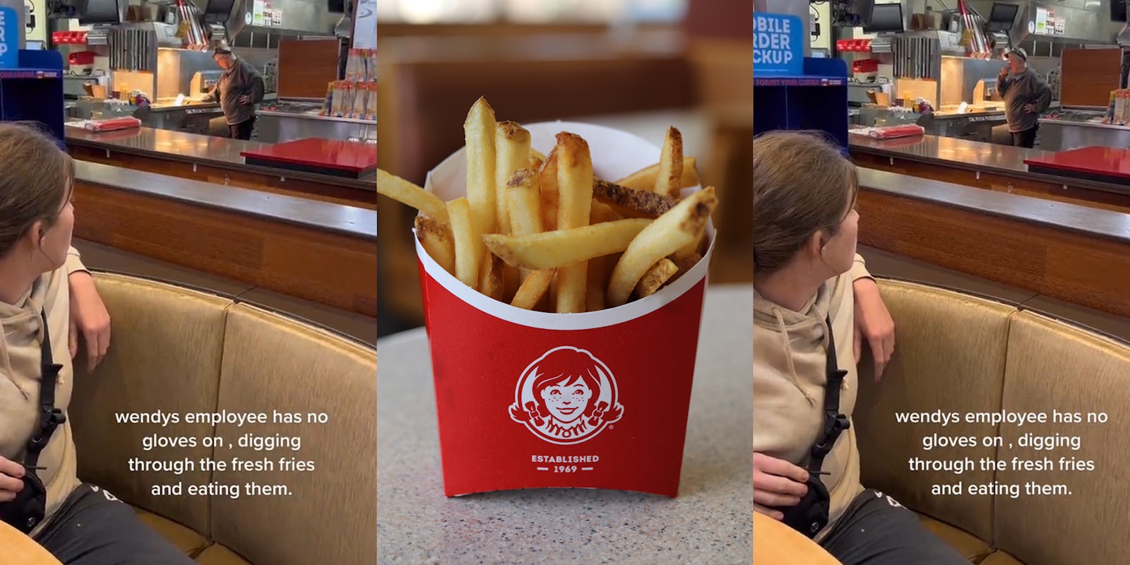 woman sitting at Wendy's watching employee dig hands into fries caption 'wendys employee has no gloves on, digging through fresh fries and eating them.' (l) Wendy's fries in branded packaging on table (c) woman sitting at Wendy's watching employee eating fries caption 'wendys employee has no gloves on, digging through fresh fries and eating them.' (r)