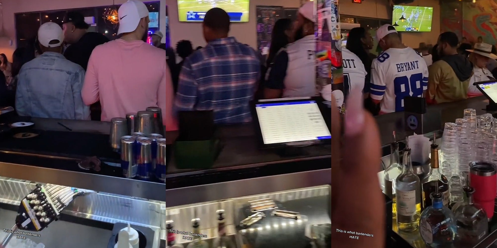 men standing in front of bar watching football with caption 'This is what bartenders HATE" (l) men standing in front of bar watching football with caption 'This is what bartenders HATE" (c) men standing in front of bar watching football with caption 'This is what bartenders HATE" (r)