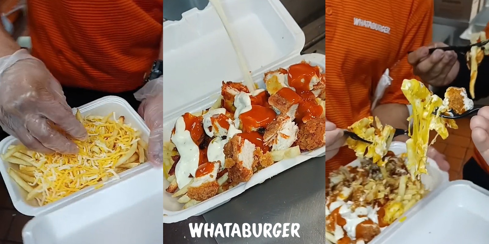 Whataburger worker putting cheese on fries (l) buffalo ranch loaded fries in container with ranch pouring onto it with Whataburger logo at bottom (c) Whataburger employees eating buffalo loaded fries (r)