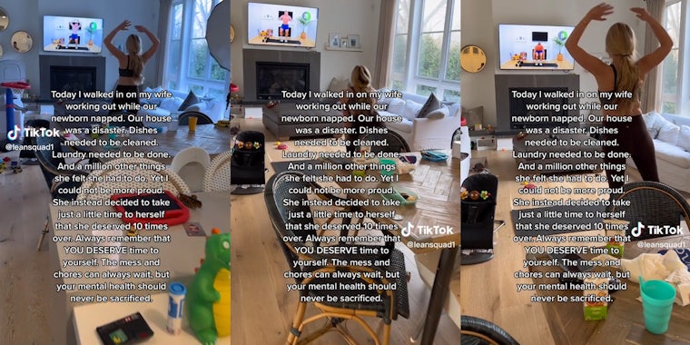 Screenshots from a TikTok showing a woman exercising. There is a text overlay that says she worked out despite the house being 'a disaster.'