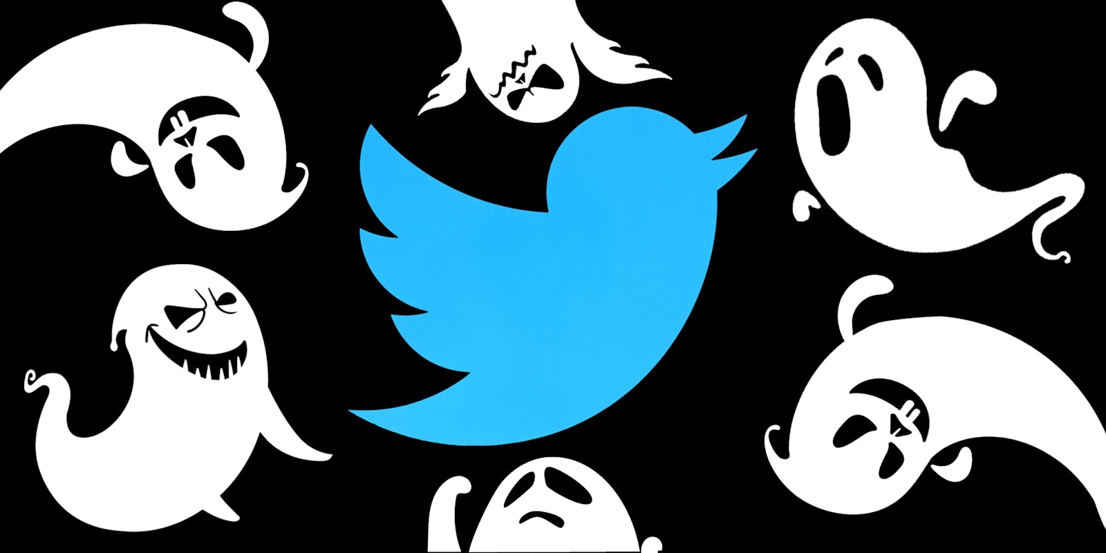 Twitter logo centered with ghosts surrounding in front of black background