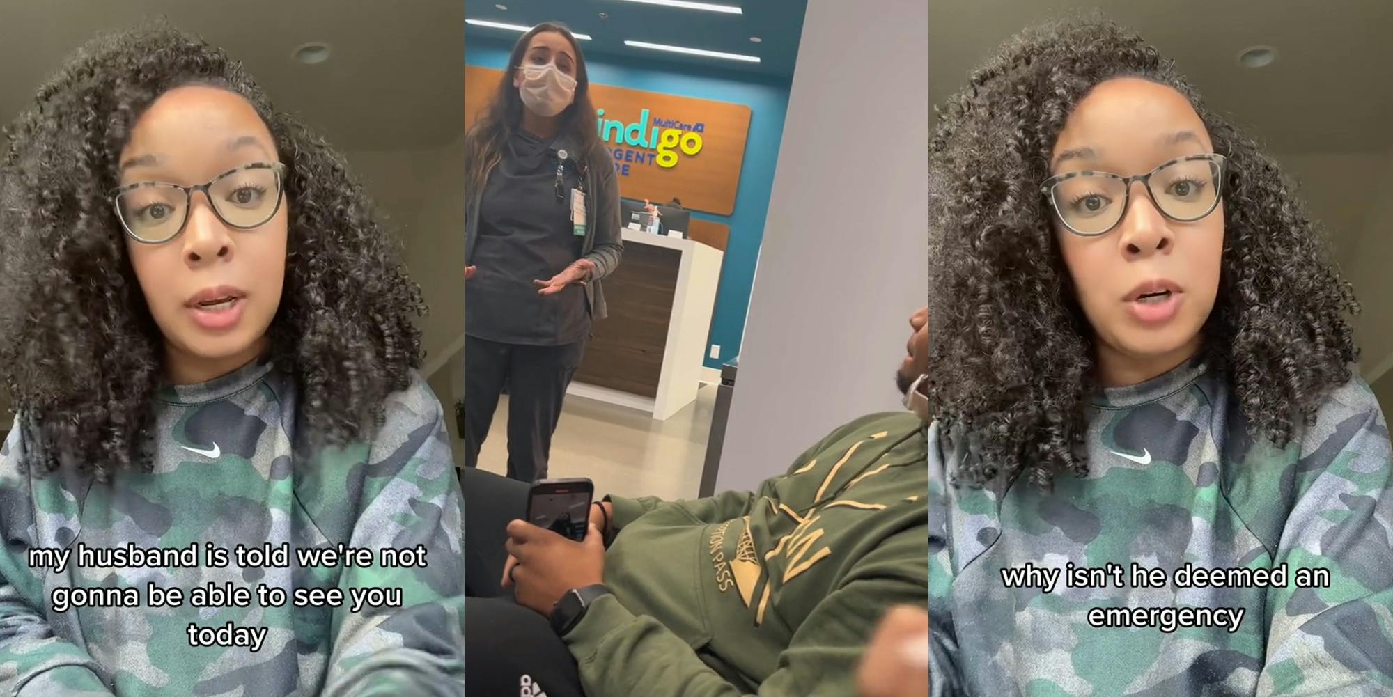 woman speaking in front of green walls with caption "my husband is told we're not gonna be able to see you today" (l) nurse speaking to family at urgent care (c) woman speaking in front of green walls with caption "why isn't he deemed an emergency" (r)