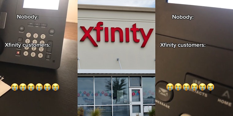 phone on table with caption 'Nobody: Xfinity customers:' (l) Xfinity sign on building (c) phone on table with caption 'Nobody: Xfinity customers:' (r)