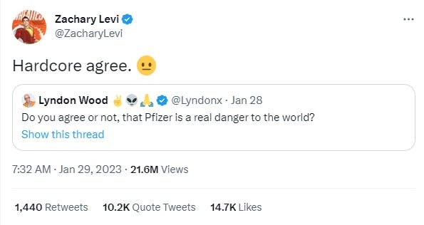 star Zachary Levi is under for a seemingly anti-vax tweet about Pfizer