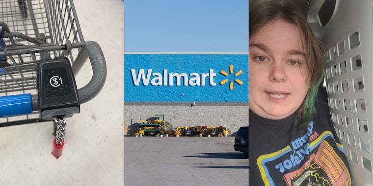 Walmart shopping cart with coin activated key (l) Walmart building with sign (c) woman speaking with laundry bin in hand (r)