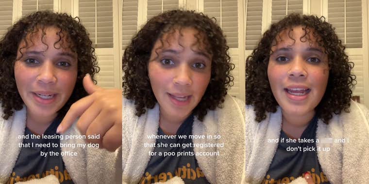 woman speaking with caption 'and the leasing person said that I need to bring my dog by the office' (l) woman speaking with caption ' whenever we move in so that she can get registered for a poo prints account' (c) woman speaking with caption ' and if she takes a blank and I don't pick it up (r)