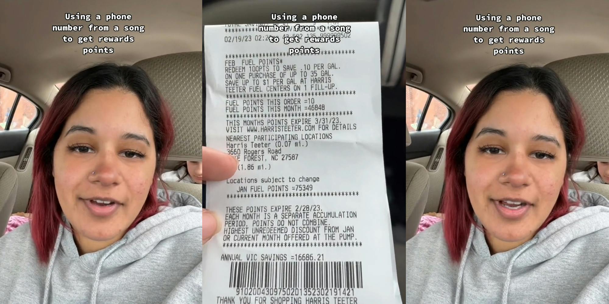 woman speaking in car with caption " Using a phone number from a song to get rewards points" (l) woman holding receipt in car with caption " Using a phone number from a song to get rewards points" (c) woman speaking in car with caption " Using a phone number from a song to get rewards points" (r)