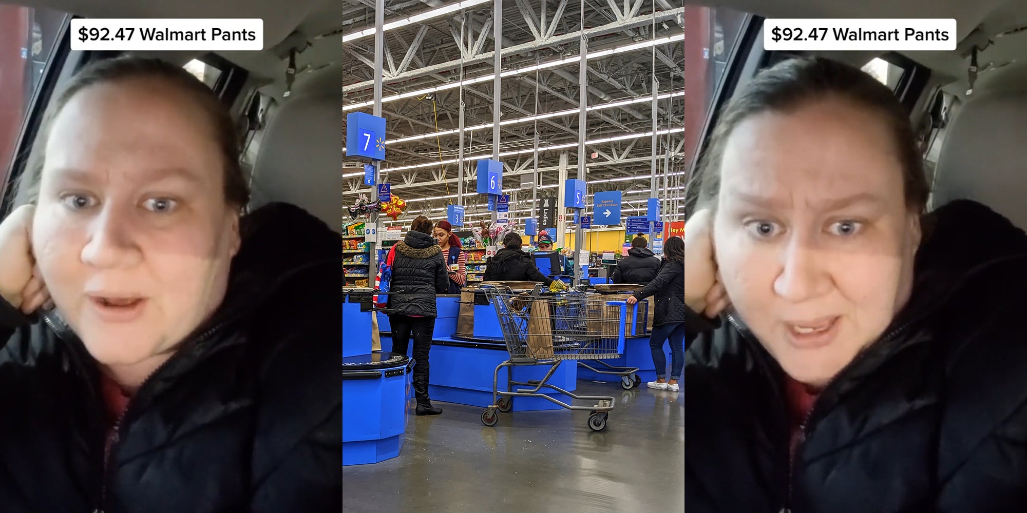 person speaking in car with caption '$92.47 Walmart Pants' (l) Walmart checkout area with customers (c) person speaking in car with caption '$92.47 Walmart Pants' (r)
