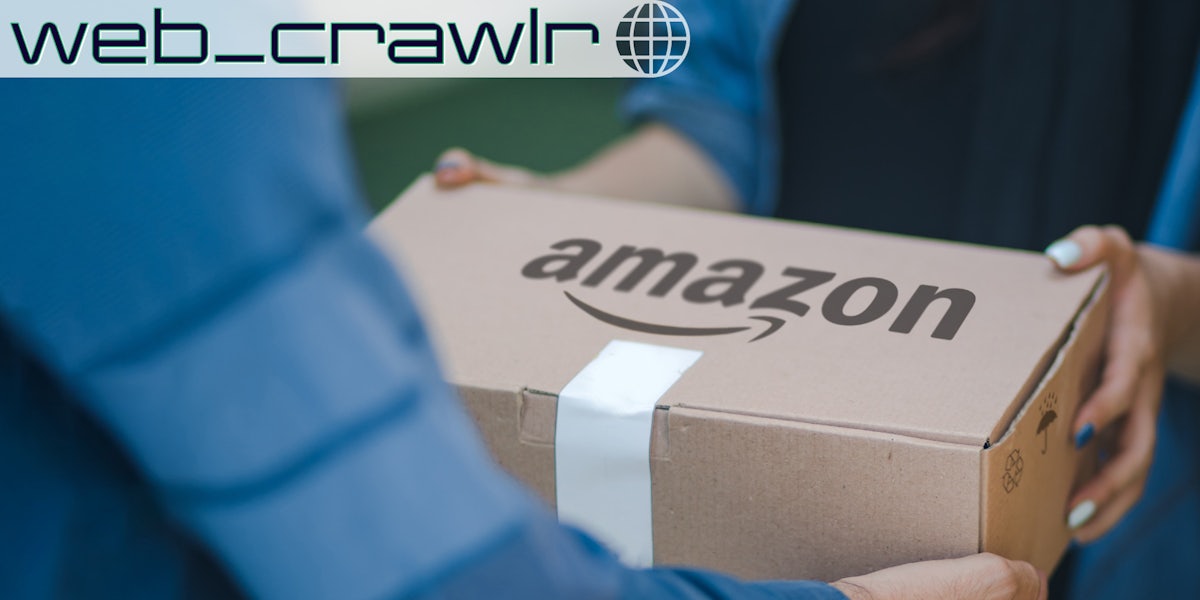 A person holding an Amazon box. The Daily Dot newsletter web_crawlr logo is in the top left corner.