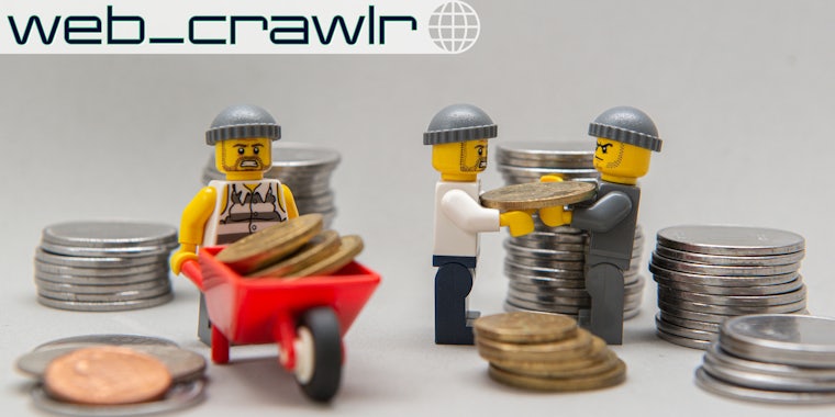 Lego figurines holding coins. The Daily Dot newsletter web_crawlr logo is in the top left corner.