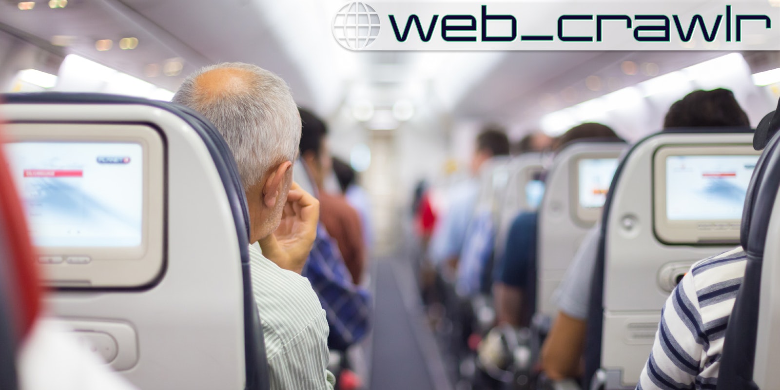 A person looking up the aisle of an airplane. The Daily Dot newsletter web_crawlr logo is in the top right corner.